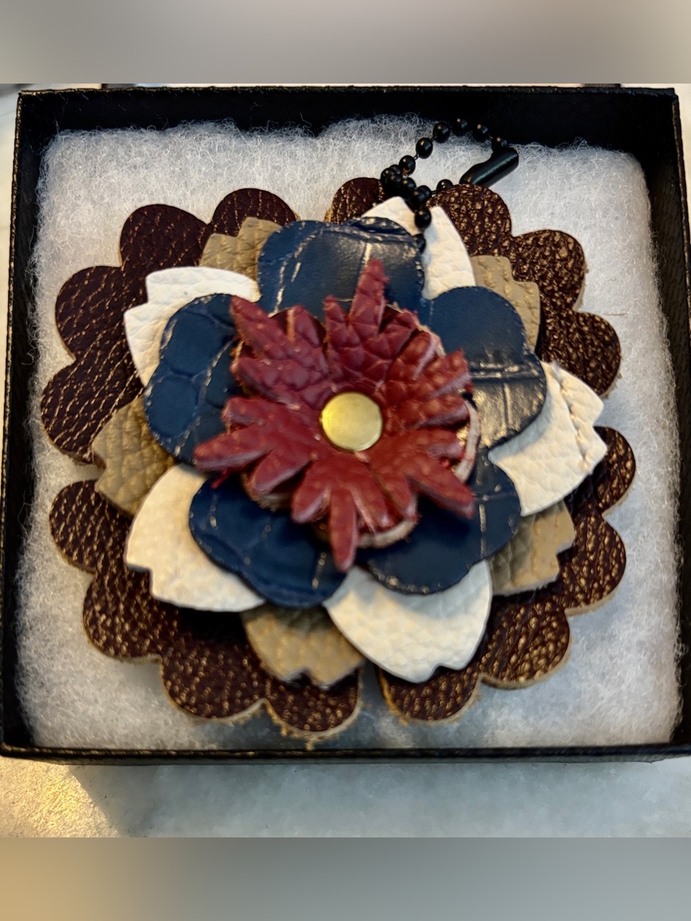 RoosterCuster Handcrafted Flower Leather Bag Charm Browns, Navy Blue, Burgundy